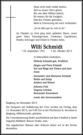 Anzeige von Willi Schmidt von Kölner Stadt-Anzeiger / Kölnische Rundschau / Express