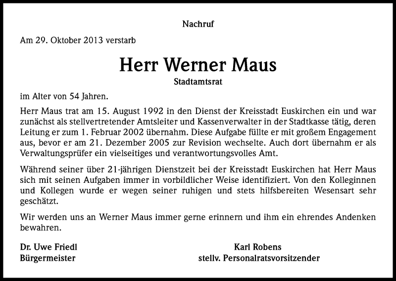  Traueranzeige für Werner Maus vom 09.11.2013 aus Kölner Stadt-Anzeiger / Kölnische Rundschau / Express