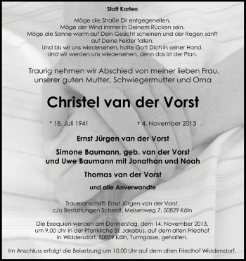 Anzeige von Christel van der Vorst von Kölner Stadt-Anzeiger / Kölnische Rundschau / Express