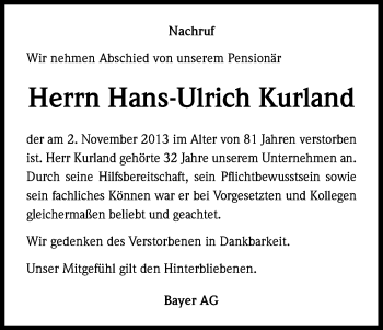 Anzeige von Hans-Ulrich Kurland von Kölner Stadt-Anzeiger / Kölnische Rundschau / Express
