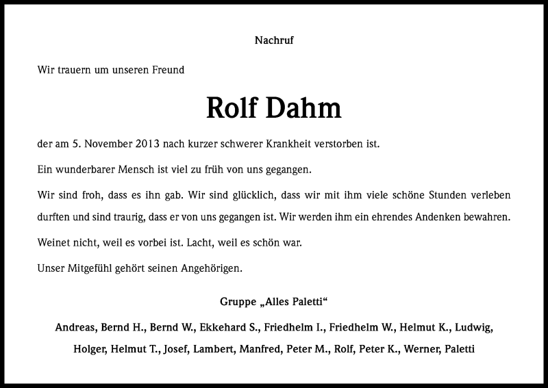  Traueranzeige für Rolf Dahm vom 09.11.2013 aus Kölner Stadt-Anzeiger / Kölnische Rundschau / Express