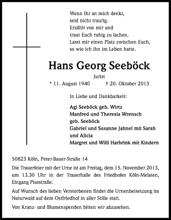 Anzeige von Hans Georg Seeböck von Kölner Stadt-Anzeiger / Kölnische Rundschau / Express