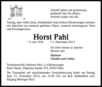 Anzeige von Horst Pahl von Kölner Stadt-Anzeiger / Kölnische Rundschau / Express