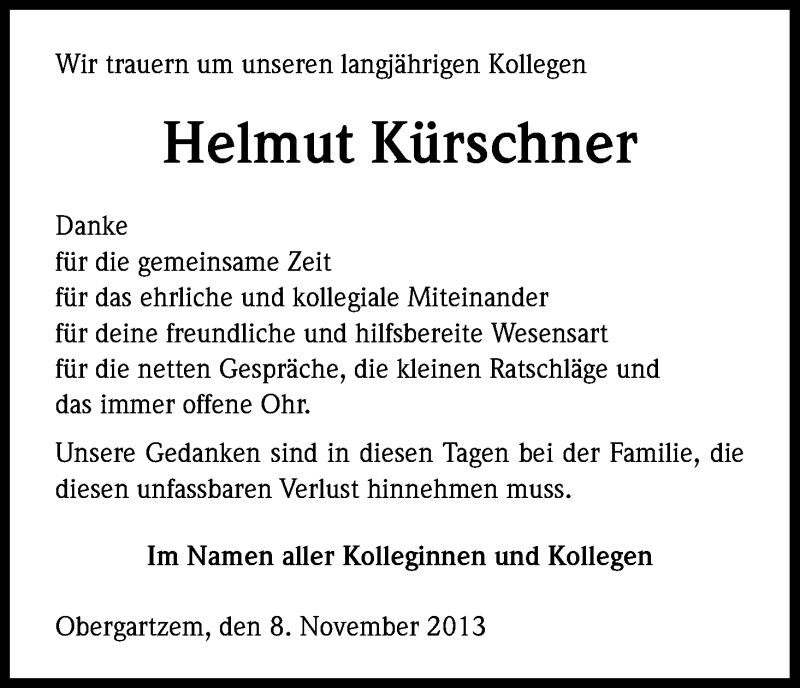  Traueranzeige für Helmut Kürschner vom 08.11.2013 aus Kölner Stadt-Anzeiger / Kölnische Rundschau / Express
