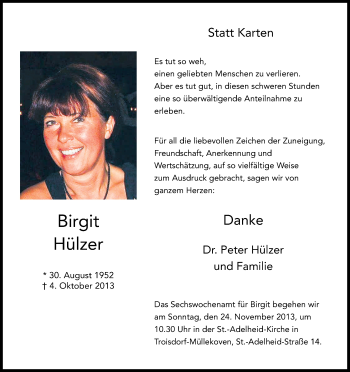 Anzeige von Birgit Hülzer von Kölner Stadt-Anzeiger / Kölnische Rundschau / Express