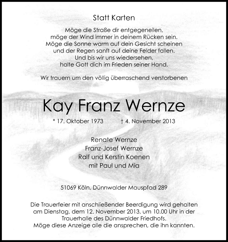  Traueranzeige für Kai Franz Wernze vom 09.11.2013 aus Kölner Stadt-Anzeiger / Kölnische Rundschau / Express