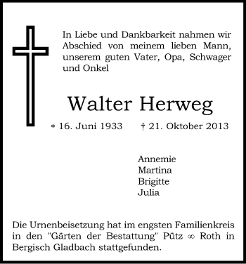 Anzeige von Walter Herweg von Kölner Stadt-Anzeiger / Kölnische Rundschau / Express