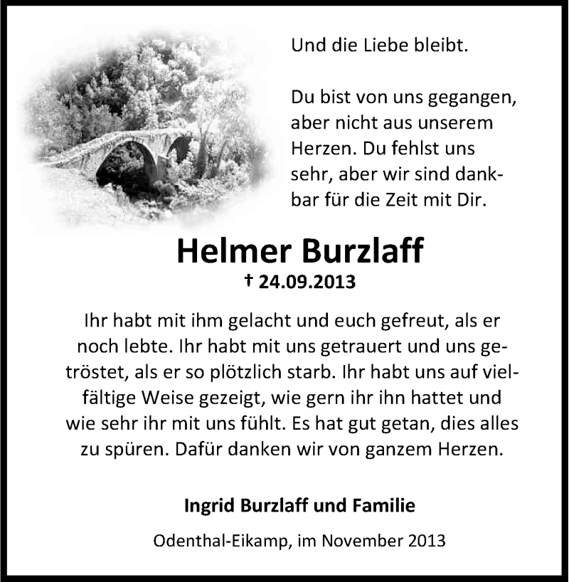  Traueranzeige für Helmer Burzlaff vom 09.11.2013 aus Kölner Stadt-Anzeiger / Kölnische Rundschau / Express