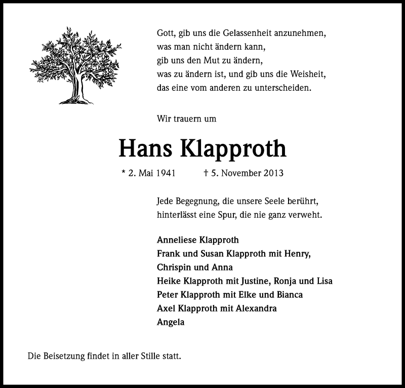  Traueranzeige für Hans Klapproth vom 08.11.2013 aus Kölner Stadt-Anzeiger / Kölnische Rundschau / Express