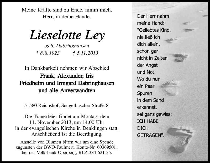  Traueranzeige für Lieselotte Ley vom 08.11.2013 aus Kölner Stadt-Anzeiger / Kölnische Rundschau / Express