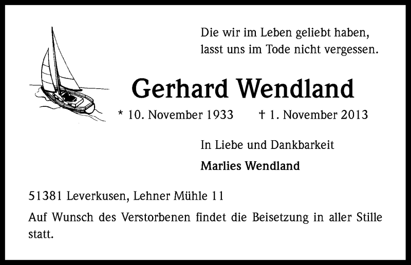  Traueranzeige für Gerhard Wendland vom 09.11.2013 aus Kölner Stadt-Anzeiger / Kölnische Rundschau / Express