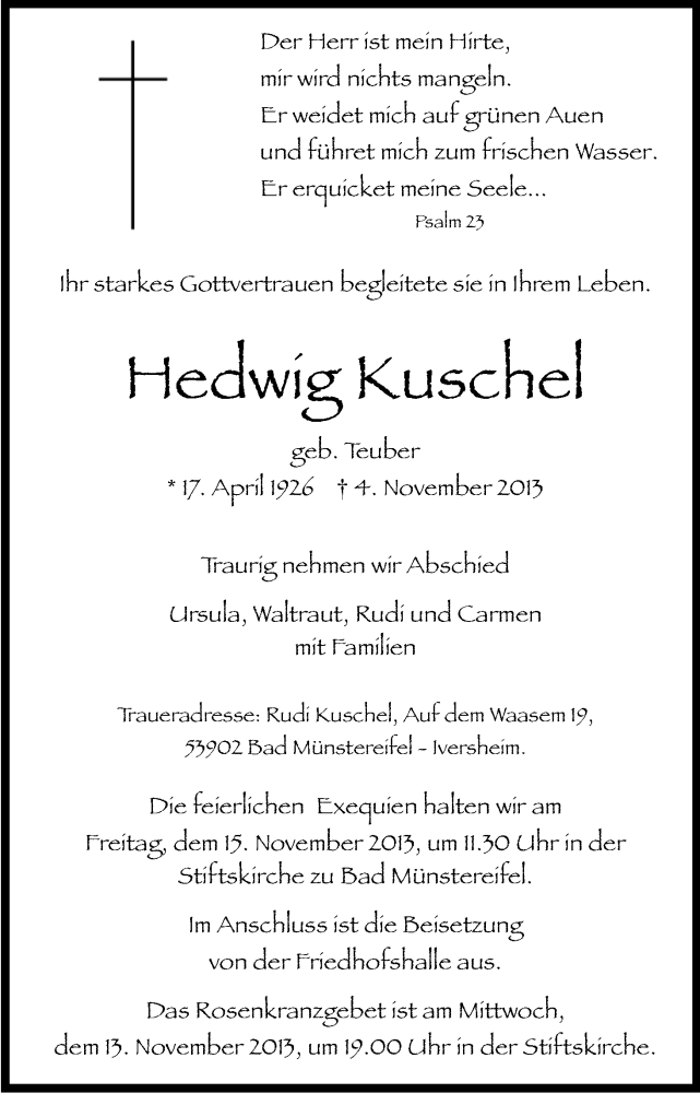  Traueranzeige für Hedwig Kuschel vom 09.11.2013 aus Kölner Stadt-Anzeiger / Kölnische Rundschau / Express
