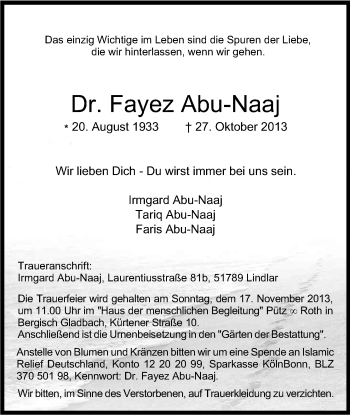 Anzeige von Fayez Abu-Naaj von Kölner Stadt-Anzeiger / Kölnische Rundschau / Express
