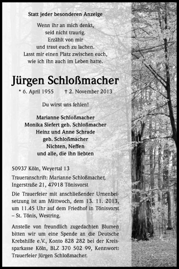 Anzeige von Jürgen Schloßmacher von Kölner Stadt-Anzeiger / Kölnische Rundschau / Express