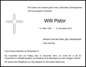 Anzeige von Willi Pistor von Kölner Stadt-Anzeiger / Kölnische Rundschau / Express