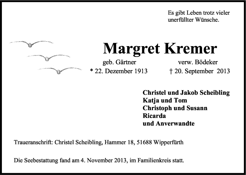  Traueranzeige für Margret Kremer vom 08.11.2013 aus Kölner Stadt-Anzeiger / Kölnische Rundschau / Express