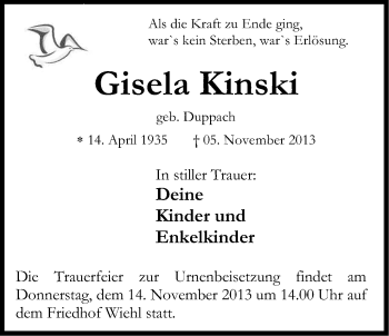 Anzeige von Gisela Kinski von Kölner Stadt-Anzeiger / Kölnische Rundschau / Express