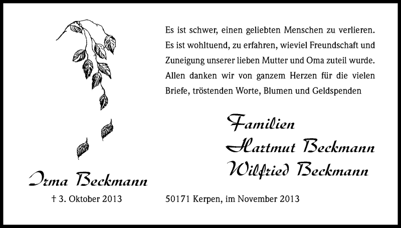  Traueranzeige für Irma Beckmann vom 09.11.2013 aus Kölner Stadt-Anzeiger / Kölnische Rundschau / Express