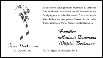 Anzeige von Irma Beckmann von Kölner Stadt-Anzeiger / Kölnische Rundschau / Express