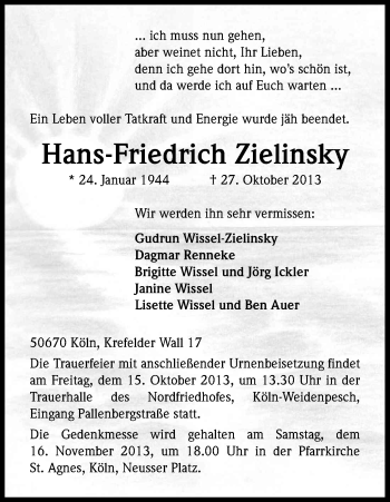 Anzeige von Hans-Friedrich Zielinsky von Kölner Stadt-Anzeiger / Kölnische Rundschau / Express