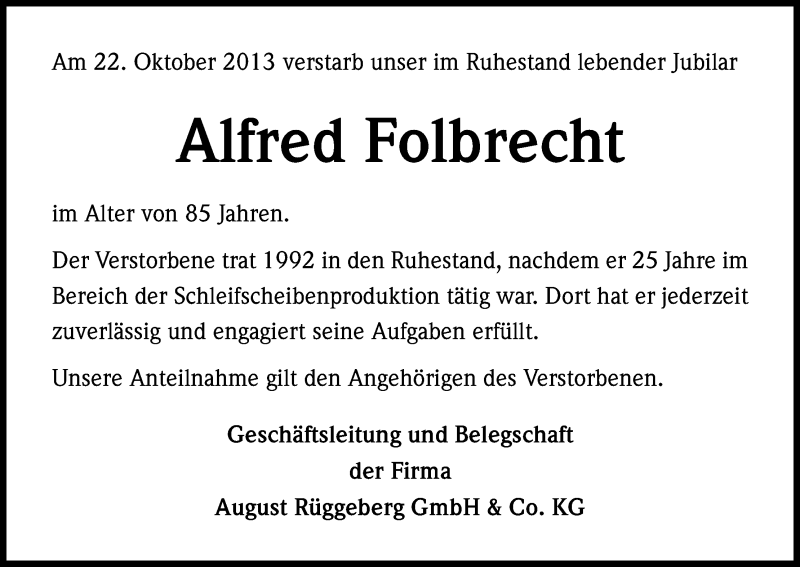  Traueranzeige für Alfred Folbrecht vom 08.11.2013 aus Kölner Stadt-Anzeiger / Kölnische Rundschau / Express
