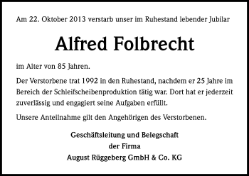 Anzeige von Alfred Folbrecht von Kölner Stadt-Anzeiger / Kölnische Rundschau / Express