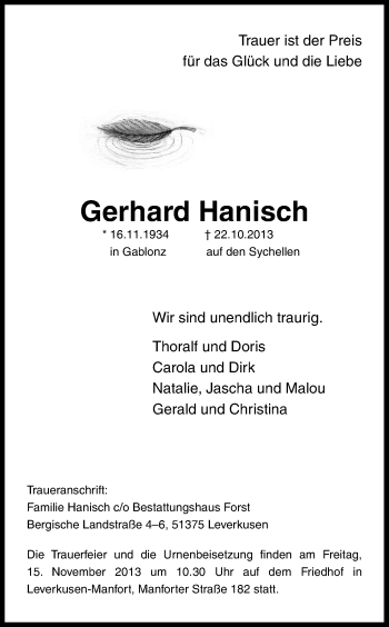 Anzeige von Gerhard Hanisch von Kölner Stadt-Anzeiger / Kölnische Rundschau / Express