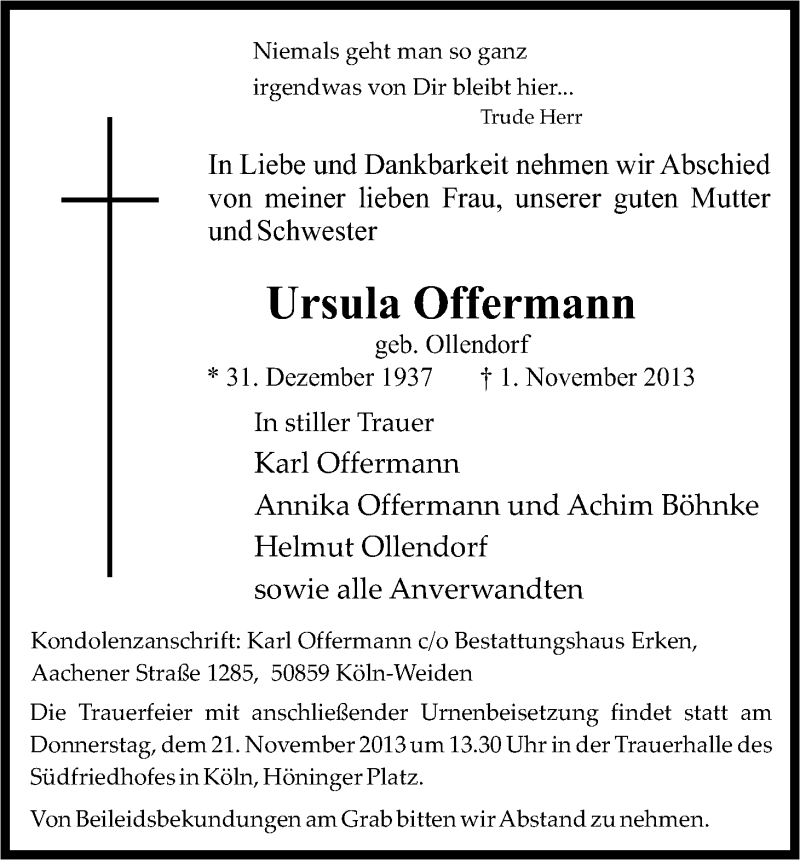  Traueranzeige für Ursula Offermann vom 16.11.2013 aus Kölner Stadt-Anzeiger / Kölnische Rundschau / Express