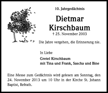 Anzeige von Dietmar Kirschbaum von Kölner Stadt-Anzeiger / Kölnische Rundschau / Express