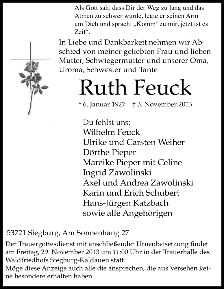  Traueranzeige für Ruth Feuck vom 23.11.2013 aus Kölner Stadt-Anzeiger / Kölnische Rundschau / Express