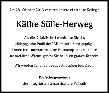 Anzeige von Kaethe Soelle-Herweg von Kölner Stadt-Anzeiger / Kölnische Rundschau / Express