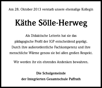 Anzeige von Kaethe Soelle-Herweg von Kölner Stadt-Anzeiger / Kölnische Rundschau / Express