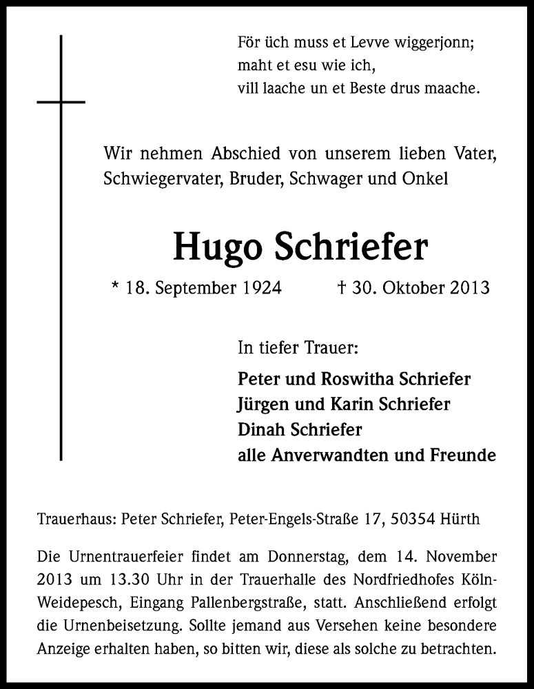  Traueranzeige für Hugo Schriefer vom 09.11.2013 aus Kölner Stadt-Anzeiger / Kölnische Rundschau / Express