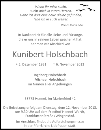 Anzeige von Kunibert Holschbach von Kölner Stadt-Anzeiger / Kölnische Rundschau / Express
