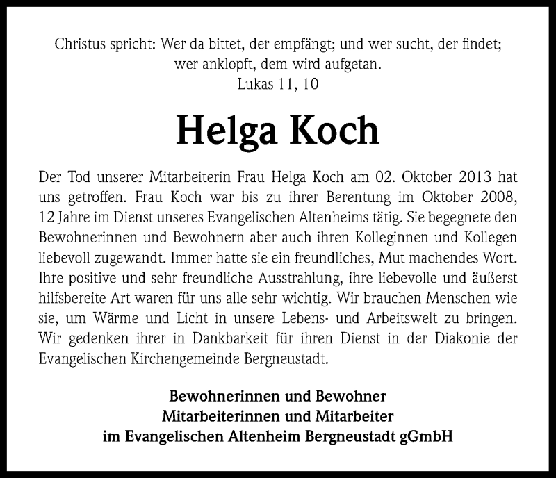  Traueranzeige für Helga Koch vom 08.11.2013 aus Kölner Stadt-Anzeiger / Kölnische Rundschau / Express