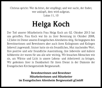 Anzeige von Helga Koch von Kölner Stadt-Anzeiger / Kölnische Rundschau / Express