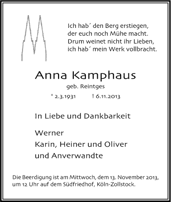 Anzeige von Anna Kamphaus von Kölner Stadt-Anzeiger / Kölnische Rundschau / Express