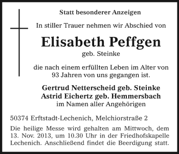 Anzeige von Elisabeth Peffgen von Kölner Stadt-Anzeiger / Kölnische Rundschau / Express