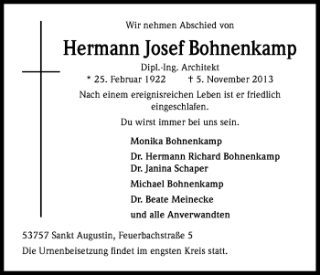 Anzeige von Hermann Josef Bohnenkamp von Kölner Stadt-Anzeiger / Kölnische Rundschau / Express