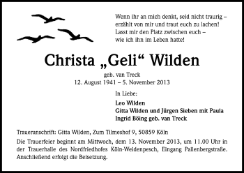 Anzeige von Christa Wilden von Kölner Stadt-Anzeiger / Kölnische Rundschau / Express