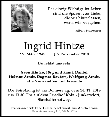 Anzeige von Ingrid Hintze von Kölner Stadt-Anzeiger / Kölnische Rundschau / Express