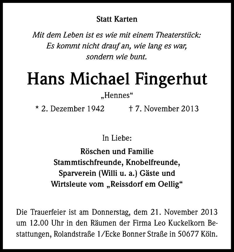  Traueranzeige für Hans Michael Fingerhut vom 16.11.2013 aus Kölner Stadt-Anzeiger / Kölnische Rundschau / Express