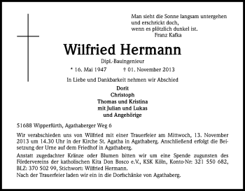 Anzeige von Wilfried Hermann von Kölner Stadt-Anzeiger / Kölnische Rundschau / Express