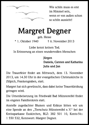 Anzeige von Margret Degner von Kölner Stadt-Anzeiger / Kölnische Rundschau / Express