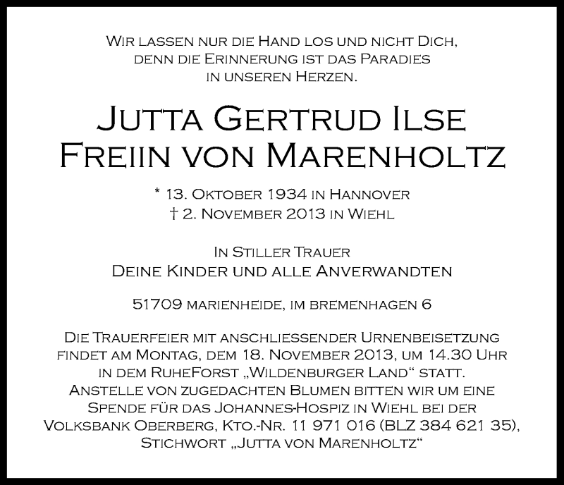  Traueranzeige für Jutta Gertrud Ilse  Freiin von Marenholtz vom 09.11.2013 aus Kölner Stadt-Anzeiger / Kölnische Rundschau / Express