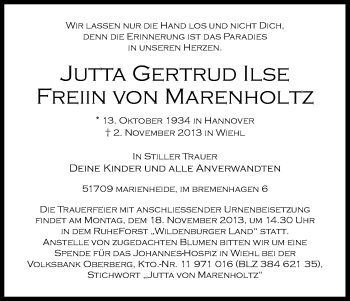 Anzeige von Jutta Gertrud Ilse  Freiin von Marenholtz von Kölner Stadt-Anzeiger / Kölnische Rundschau / Express