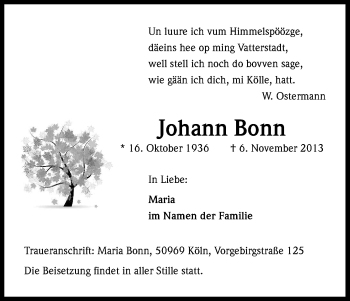 Anzeige von Johann Bonn von Kölner Stadt-Anzeiger / Kölnische Rundschau / Express