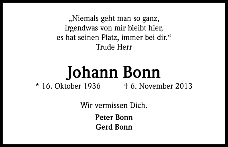  Traueranzeige für Johann Bonn vom 09.11.2013 aus Kölner Stadt-Anzeiger / Kölnische Rundschau / Express
