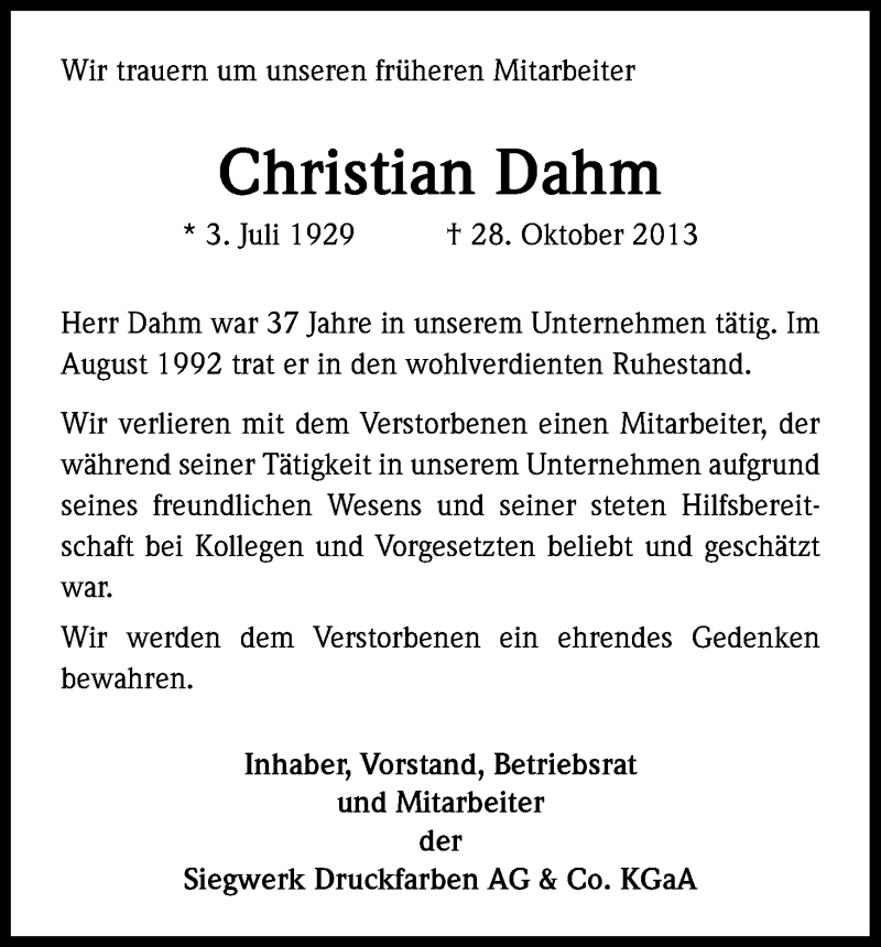  Traueranzeige für Rolf Dahm vom 09.11.2013 aus Kölner Stadt-Anzeiger / Kölnische Rundschau / Express