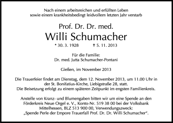 Anzeige von Willi Schumacher von Kölner Stadt-Anzeiger / Kölnische Rundschau / Express
